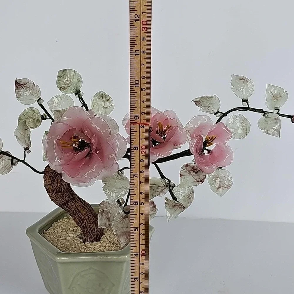 Vintage‎ Chinese Glass Bonsai Tree Pink Cherry Blossom Celadon Pot Chinoiserie